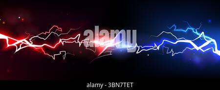 Electric vs thunder battle with red lightning bolts clashing against blue energy streams with glowing sparks. Dramatic light collision on dark bg for gaming competition, confrontation visual effect. Stock Vector