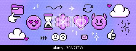 Pixel art emoticon set with purple smiling face with heart eyes and evil emotion, hourglass timer and flower, pixelated cloud icons, sparkling stars, folder and thumbs up gesture for retro interface Stock Vector