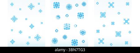 Pixel snow patterns set with blue snowflakes - star shapes, geometric crystals, square blocks and dots falling on gradient background. Retro 8 bit winter element for game design and holiday decoration Stock Vector