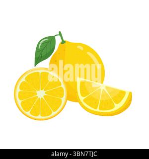 Yellow lemon citrus fruit set with slice pieces, whole and slice isolated on white background. Tropical fruit sweetness season. Realistic vector Stock Vector