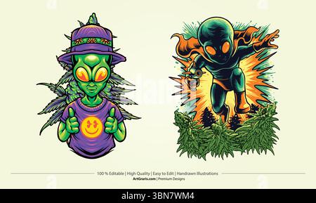 Alien Weed Strain Psychedelic Cannabis ArtWork vector illustrations for your work logo, merchandise t-shirt, stickers and label designs, poster, greet Stock Vector