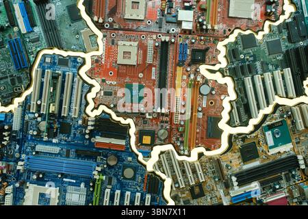 A set of different motherboards for development. Electronic components include connectors for SD cards and LCD screens, capacitors and transistors Stock Photo