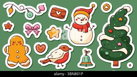 A set of stickers on a Christmas theme. Includes a cute snowman, xmas tree, bird, star, cookie, bell, envelope with a heart drawing in bright color. Stock Vector