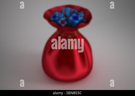 3D render is showing red velvet bag on grey backdrop with blue gift boxes, golden cord Stock Photo