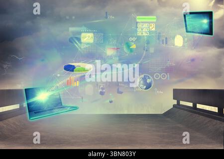 Flat design laptop is projecting holographic stream toward monitor with graphs over misty terrace Stock Photo