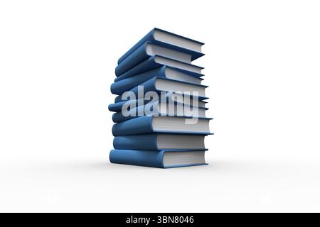 Stack of blue hardcover books is standing on white studio surface and backdrop, flat design Stock Photo