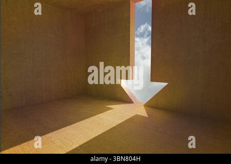 Flat design showing cubical chamber with earthy walls featuring arrow-shaped opening casting light Stock Photo