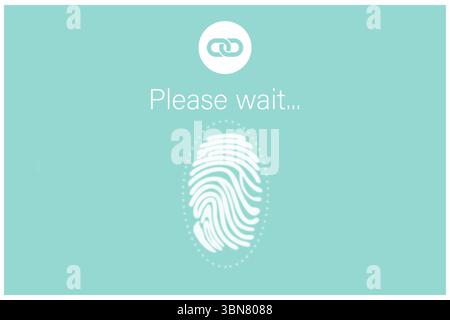 Teal flat UI displaying loading screen with chain link icon, fingerprint scanning in progress Stock Photo