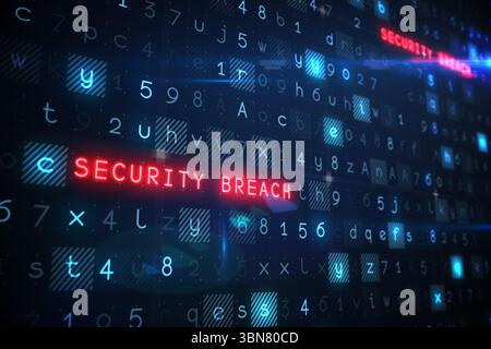 Red neon SECURITY BREACH text is glowing on dark flat design interface with floating code blocks Stock Photo