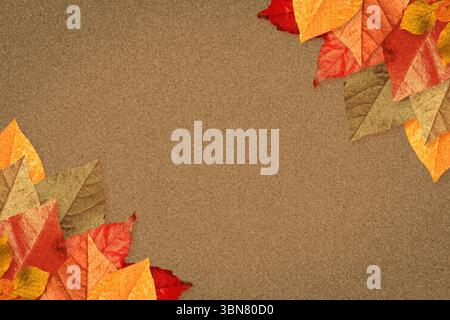 Flat design clustering maple-oak leaves layering on corklike brown background, forming fall motif Stock Photo