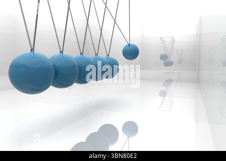 Glossy blue spheres swinging in white mirrored walls and floor, reflecting depth on thin wires Stock Photo