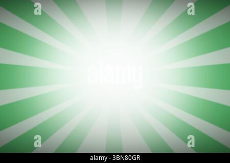 White central glow is radiating green rays in flat design radial burst graphic, copy space Stock Photo