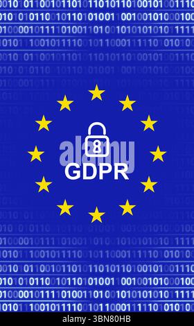 Padlock and GDPR text are standing out in flat style on binary code with yellow stars Stock Photo