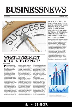 Flat design newspaper front page is showing BUSINESSNEWS and circular success gauge with bar chart Stock Photo