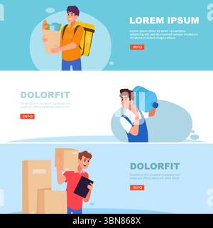 Couriers. horizontal banners with food and product delivery couriers Stock Vector