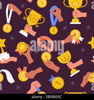 Awards pattern. golden cup and medals for sport winners. vector seamless background Stock Vector