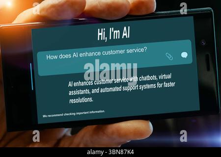 How does AI enhance customer service? Question for AI on tablet screen AI enhances customer service with chatbots, virtual assistants, and automated s Stock Photo