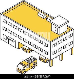 Isometric line art illustration of a fire station and fire truck in a simple isometric style, Vector Illustration Stock Vector