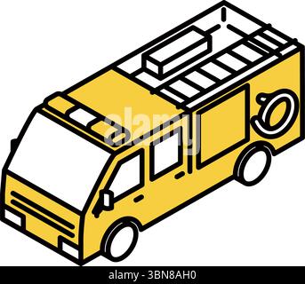 Isometric line art illustration of a fire truck in simple and minimal style, Vector Illustration Stock Vector