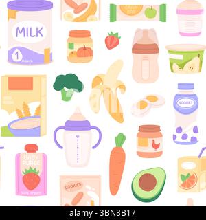 Baby food seamless pattern. Containers with puree, powder, milk. Plastic bottle with pacifier nipple. Toddler feeding fabric print, racy vector Stock Vector