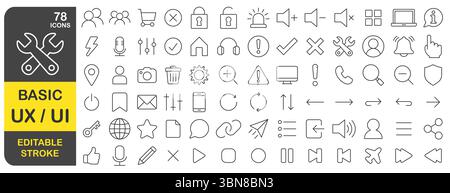Basic UX UI editable stroke line icons set. Thin line User interface web icon, website, mobile app , linear icon collection. Vector illustration image Stock Vector