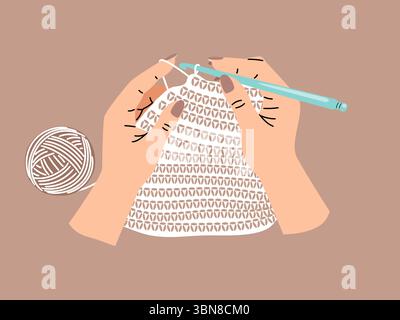 Hands of needlewoman hold the hook and yarn. Creative hobby, crochet knitting process vector illustration. Top view of the workplace original artwork Stock Vector