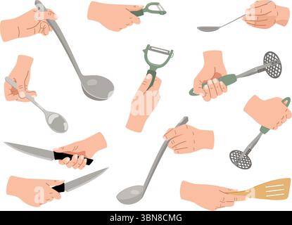 Female hands holding kitchen utensils vector collection. Slotted spatula, spoon, knife, ladle, vegetable peeler isolated on white background original artwork Stock Vector