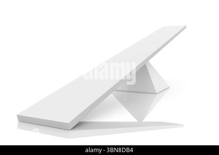 White plank is balancing on triangular prism in 3D render showing reflective finish Stock Photo