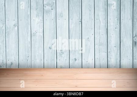 Light blue vertical plank wall and light brown horizontal surface are forming flat design backdrop Stock Photo