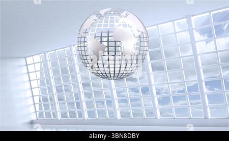 Grey globe floating in room Stock Photo