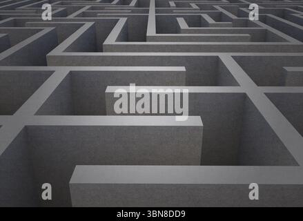 Concrete labyrinth corridor grid is unfolding in top-down 3D render, showing rough textured walls Stock Photo