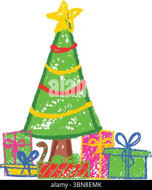 Christmas tree decorated with a star on top and gifts . Doodles in pastel charcoal style. Hand-drawn like children, using colorful wax, squiggle lines Stock Vector