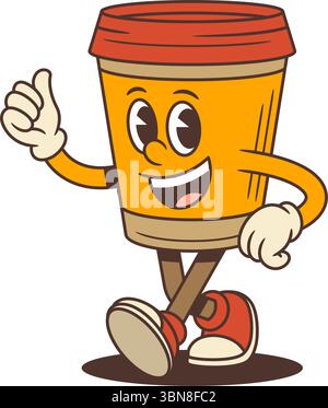Cheerful coffee cup character walking with smiling face and thumbs-up gesture in retro cartoon style. Great for coffee shop branding, packaging and pr Stock Vector