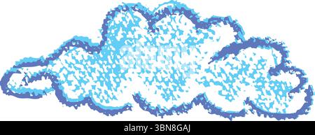 Crayon cloud icon like kid drawing in kindergarten. Painted with blue charcoal or wax pencil sky sign. Rough chalk texture vector illustration in Stock Vector