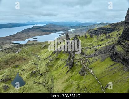aerial view of the rocky landscape at the Old man of Storr on the Isla of Sky, Scotland, UK Stock Photo