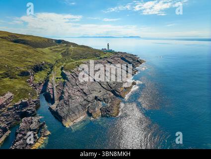 aerial view of Rua Reidh Iighthouse at the rocky west coast of Scotland near Gairloch Stock Photo