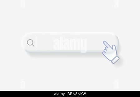 Search bar with computer hand cursor with transparency effect. Browser search navigation bar in light soft style. Vector 3d illustration. Stock Vector