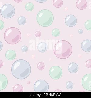 A charming seamless pattern of playful pastel bubbles or spheres in various sizes. Presented in soft pink green and blue tones on a gentle pink backgr Stock Vector