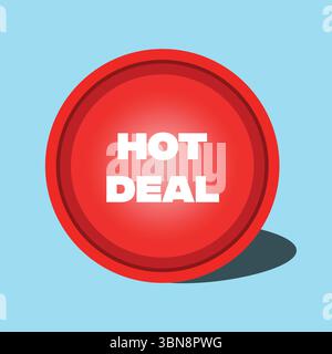 Hot Deal Red Glossy 3D Button Badge Vector Icon on Blue Background Stock Vector