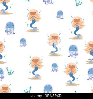 Seamless pattern with a blonde mermaid and jellyfish Stock Vector