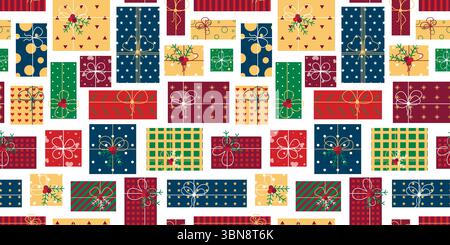 Variation of wrapped Christmas presents seamless pattern. Background with gift boxes and new year decor. Colorful traditional Christmas holidays print Stock Vector