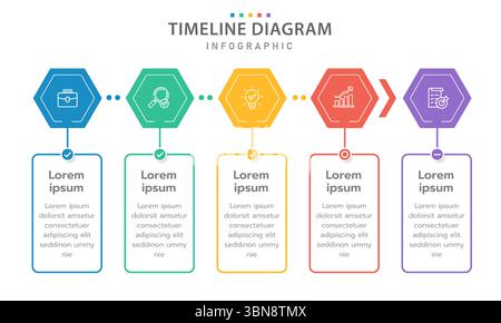 Infographic template for business. 5 Steps Modern Timeline diagram with arrow and topic, presentation vector infographic timeline. Stock Vector