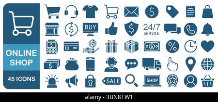 E-Commerce icon set. Online shopping icons collection. Web shop symbol pack. Vector illustration image. Isolated on white background. Stock Vector