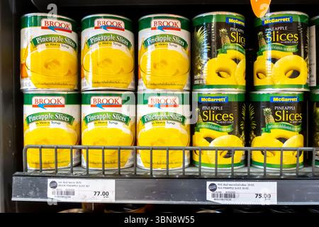 Mcgarrett Pineapple, Brook pineapple cans, Gourmet Market, Siam Paragon, Pathum Wan, Bangkok, Thailand Stock Photo