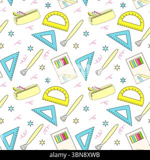 Colorful school supplies pattern with rulers, pencils, and stars for back to school design. Stock Vector