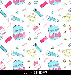Colorful school supplies pattern for education projects and stationery design. Stock Vector