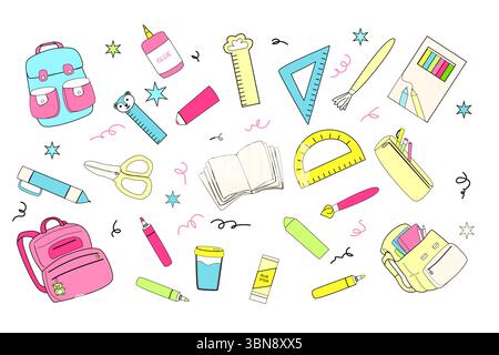 Colorful school supplies pattern for educational design projects. Stock Vector