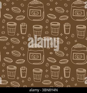 Seamless hand-drawn coffee pattern on brown background. Pattern of takeaway coffee beans, cups, macarons. Perfect for cafe branding, packaging, textil Stock Vector