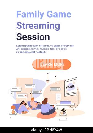 Family game streaming session living room people playing video games together on console cozy home interior modern flat design banner Stock Vector