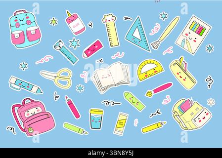 Colorful school supplies illustration - stickers with backpacks and cute stationery on blue background. Stock Vector
